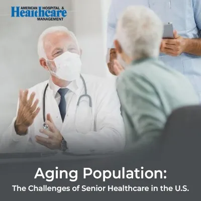 A doctor in a white coat and face mask interacting with an elderly patient