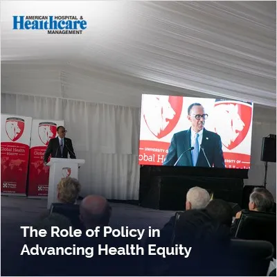 Illustration showing the impact of policy on promoting health equity, featuring diverse individuals accessing healthcare services