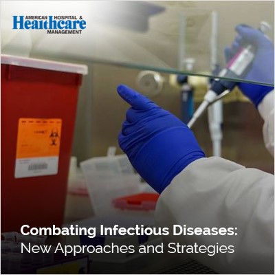 Cover of 'Fighting Infectious Diseases' book featuring a microscope and virus illustration, with a person in a lab wearing blue gloves