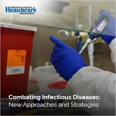 Cover of 'Fighting Infectious Diseases' book featuring a microscope and virus illustration, with a person in a lab wearing blue gloves
