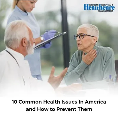 A doctor consults a patient with text about health issues and prevention.