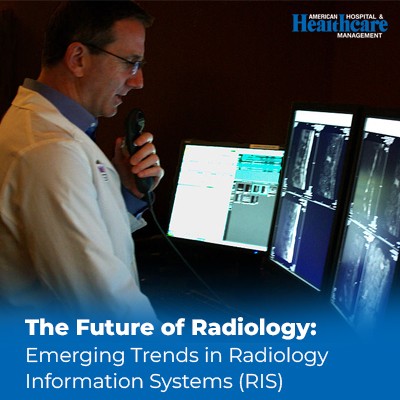 a man talking on a phone in front of two monitors, innovative radiology department showcasing the future of healthcare