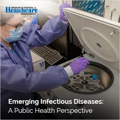 Medical professional in lab gear loading vials into a centrifuge machine. Text: "Emerging Infectious Diseases: A Public Health Perspective".