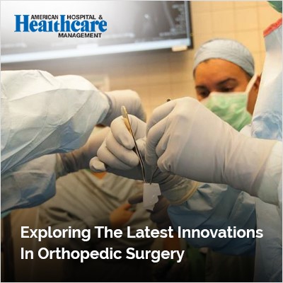 Surgeons in scrubs focus on a medical procedure with text about innovations in orthopedic surgery.