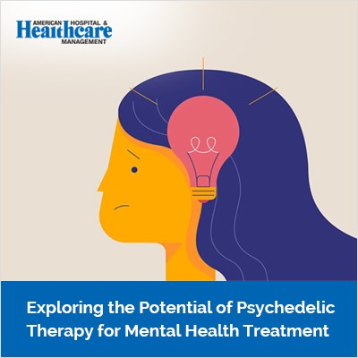 Illustration of a profile with a light bulb in the head, text on psychedelic therapy for mental health.