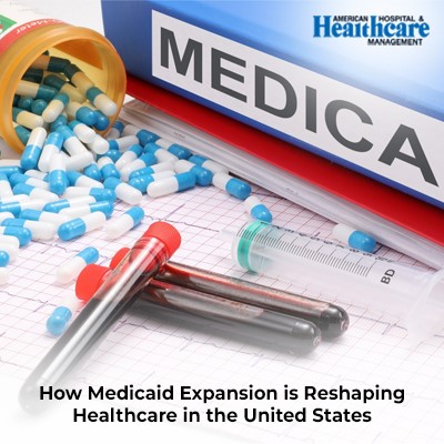 Pills spilled from a bottle, syringe, and a "MEDICA" binder with text on Medicaid healthcare.