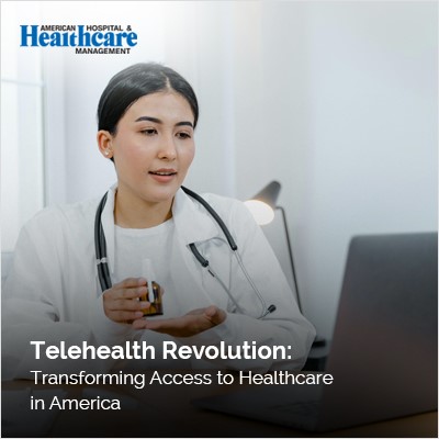 Doctor in lab coat using a computer with a caption about Telehealth Revolution in healthcare.