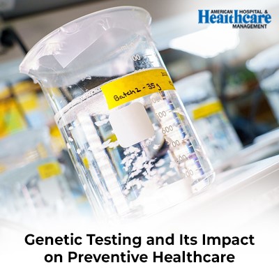 A laboratory container with a barcode and text about genetic testing's role in preventive healthcare.