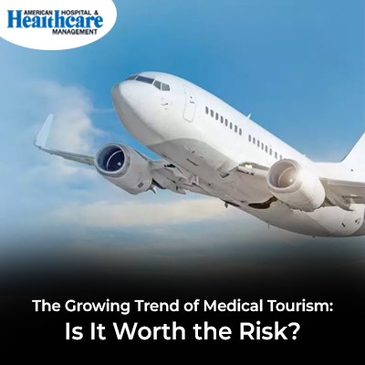 Commercial airplane ascending against a blue sky with text about medical tourism risks.